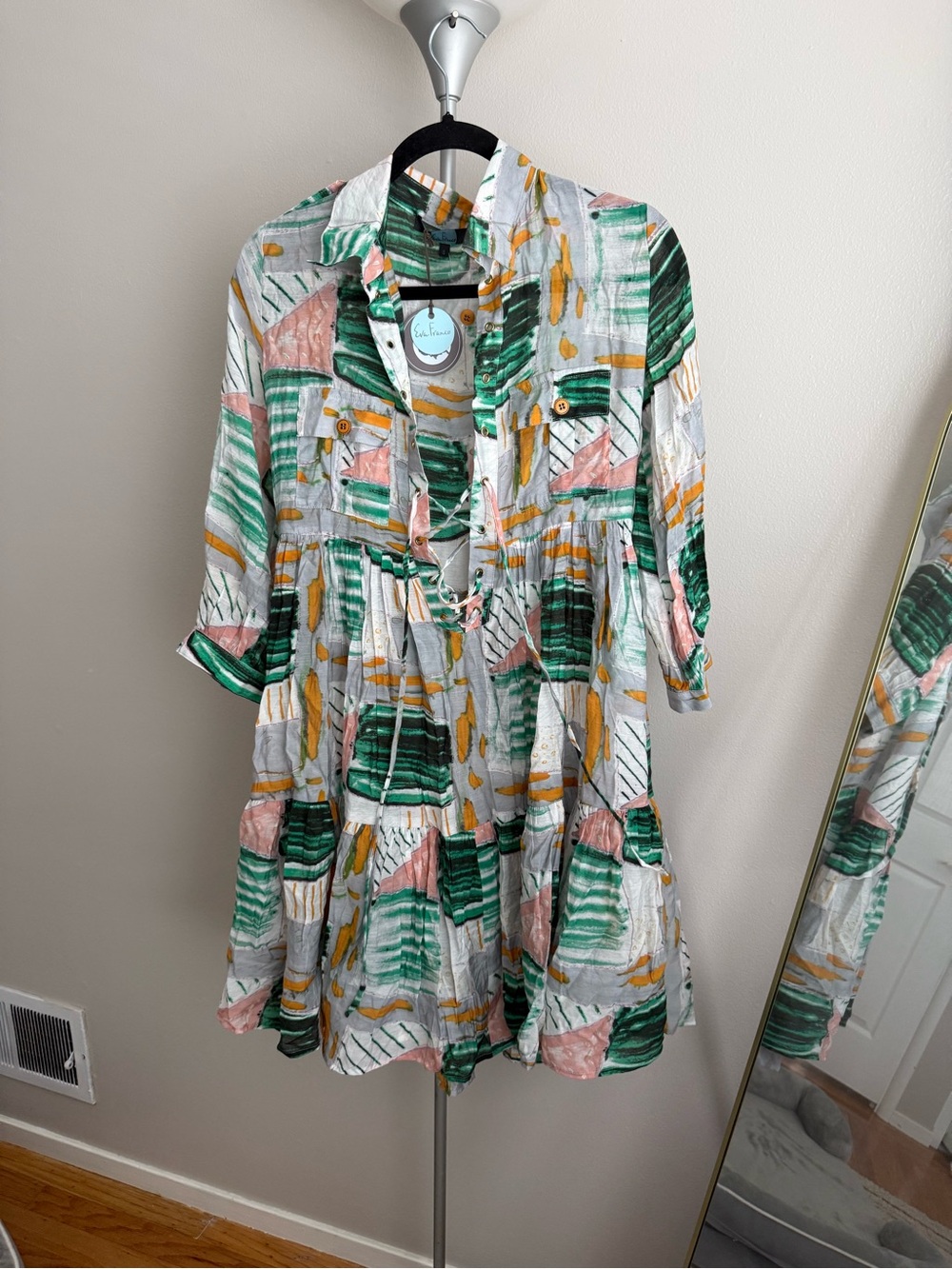 Relaxed Tiered Shirt Dress in Green & Pink Print